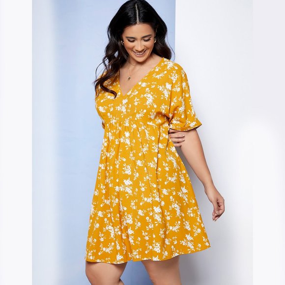 Ditsy Floral BOHO Mustard Yellow Plus Size Dress - Picture 5 of 10